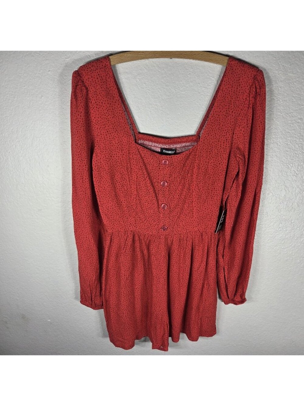 Express Smocked Polka Dot Red Long Sleeve Romper Size S Button Up